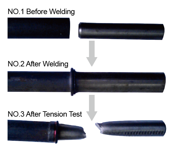 Friction welding tension test. It shows the strength of welding point is equal to or greater than the original two pieces.